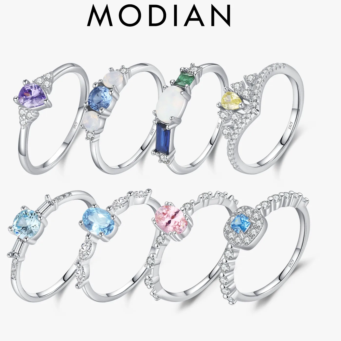 Authentic Modian 925 Sterling Silver Colorful Cz & Opal Eternity Bands Finger Ring Stackable Vacation Fine Jewelry