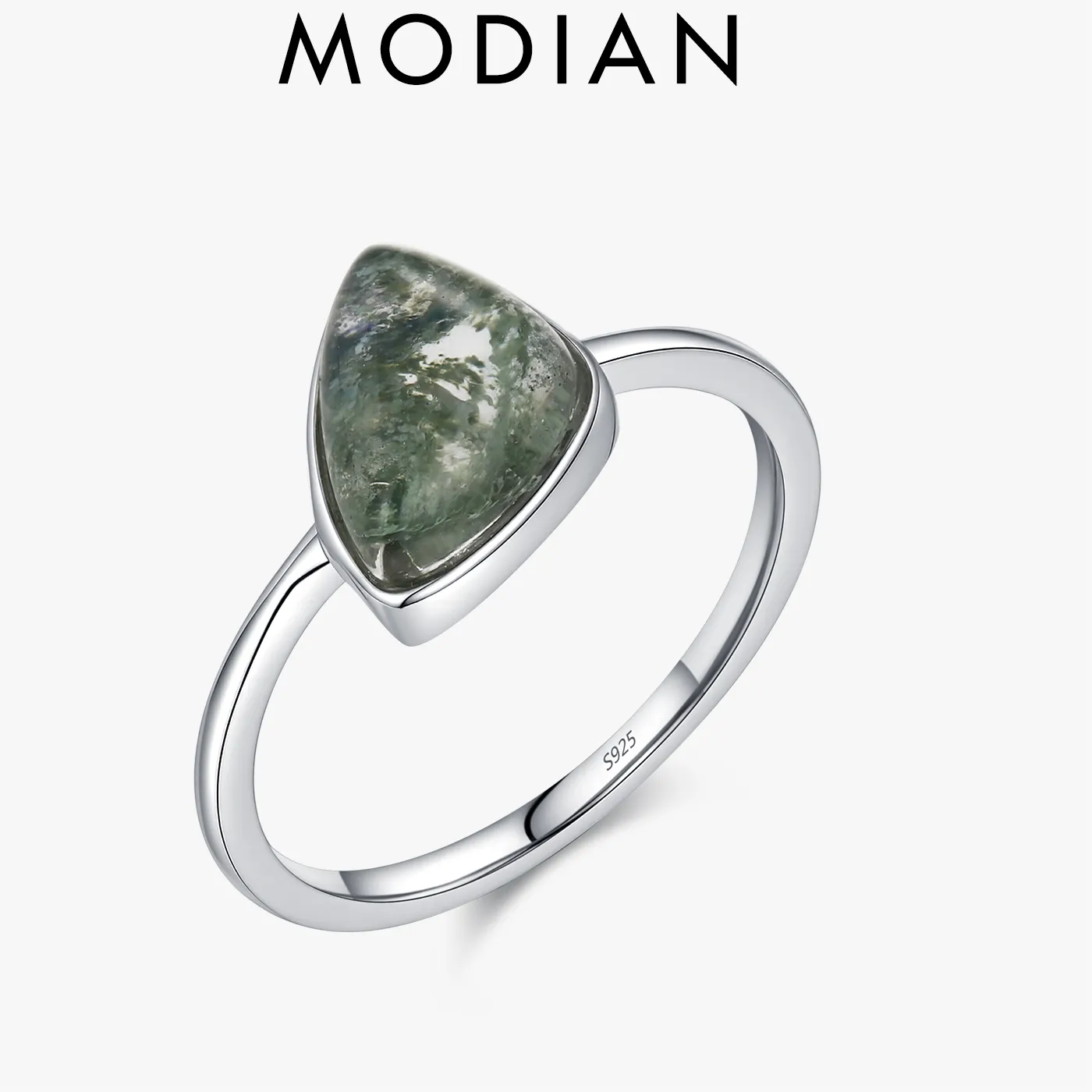 Authentic MODIAN 925 Sterling Silver Triangle Moss Agate Ring Bezel Set Solitaire Dainty Thin Band Stackable Finger Ring For Women Jewelry