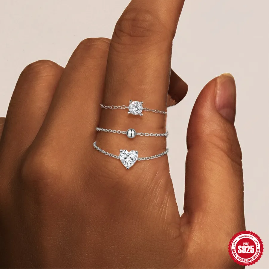 Authentic Aide S925 Sterling Silver Real Moissanite Adjustable Ring Heart Square Bead Chain Rings for Women Dainty Stackable Jewelry