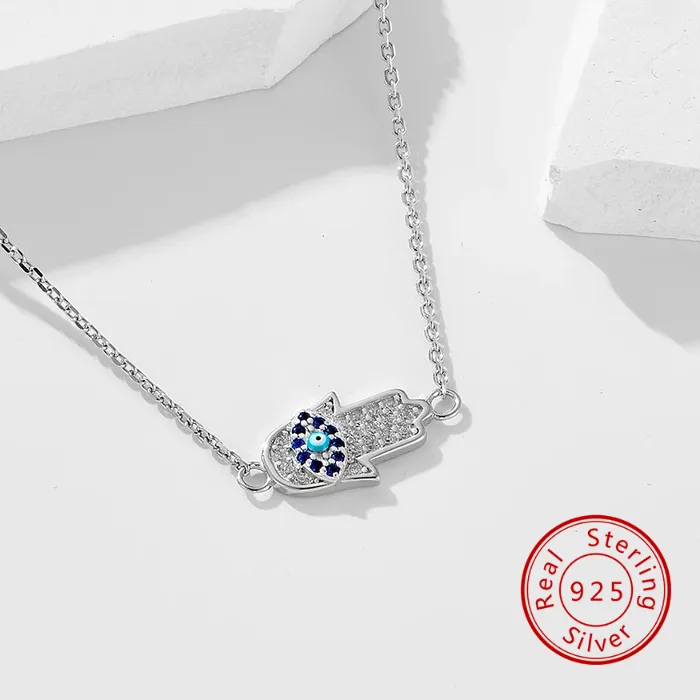 Authentic 925 Sterling Silver 14K Gold Plated Horizontal Hamsa Hand Evil Eye Multi CZ Pendant Necklace Women Minimalist Spiritual Jewelry