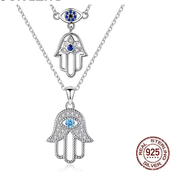 Authentic TONGZHE Evil Eye Hand Hamsa Pendant Necklace Women Crystal 925 Sterling Silver Turkish Jewelry Hollow Out Clavicle Link Chain