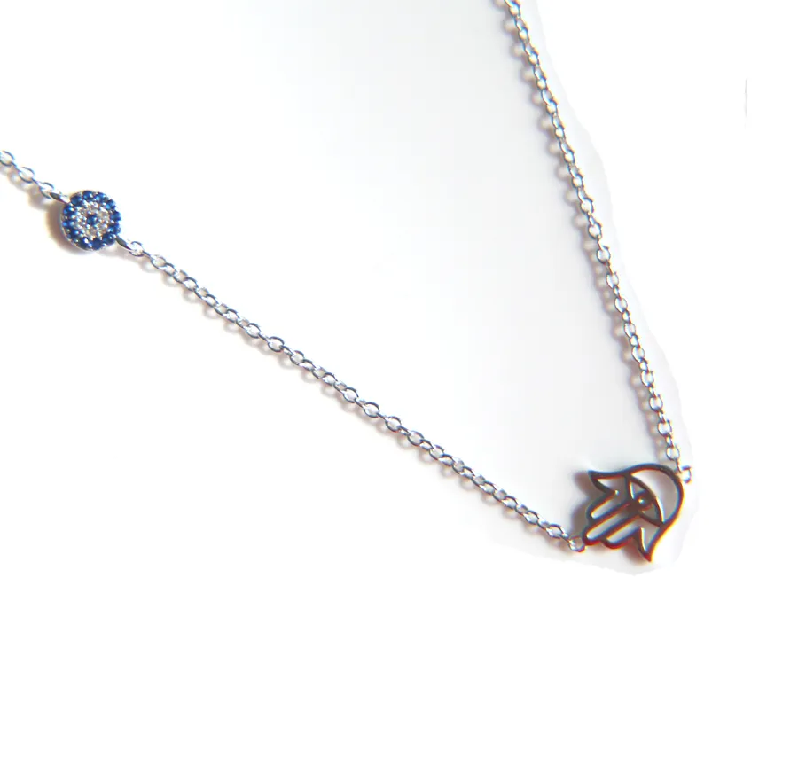 Authentic promotion 2025 summer cute dainty 100% 925 sterling silver hamsa hand evil eye charm silver thin chain necklace