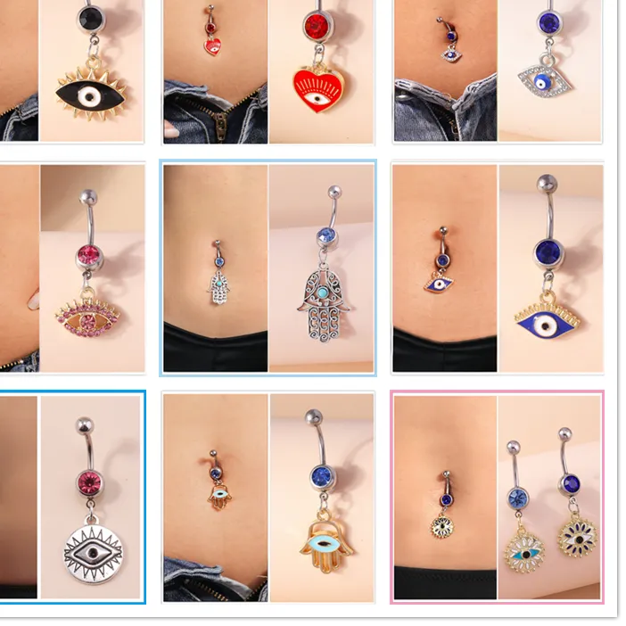 Authentic Aihua Bohemia Hamsa Hand Dangle Navel Ring Surgical Turkish Lucky Blue Eye Belly Button Ring Piercing Ombligo Body Jewelry