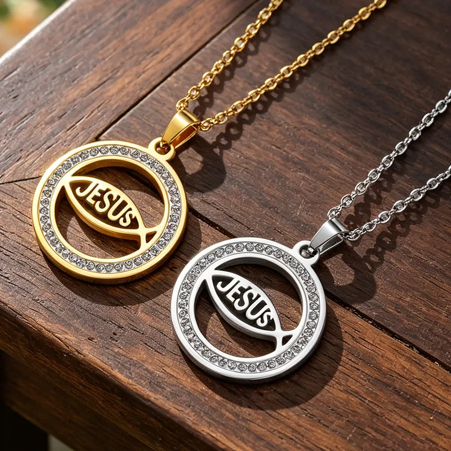 Authentic Jesus Fish Ichthys Necklace Christian Blessing Religious Prayers Charm Catholic Jewelry Clear Zircon Necklace
