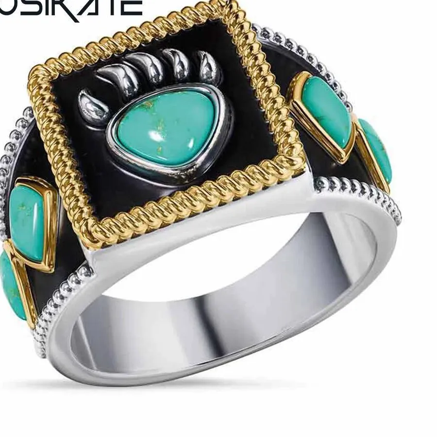 Authentic WOSIKATE Vintage Turquoise Bear Claw Drip Onyx Ring For Men Jewelry Men's Personalized Finger Ring Accessories