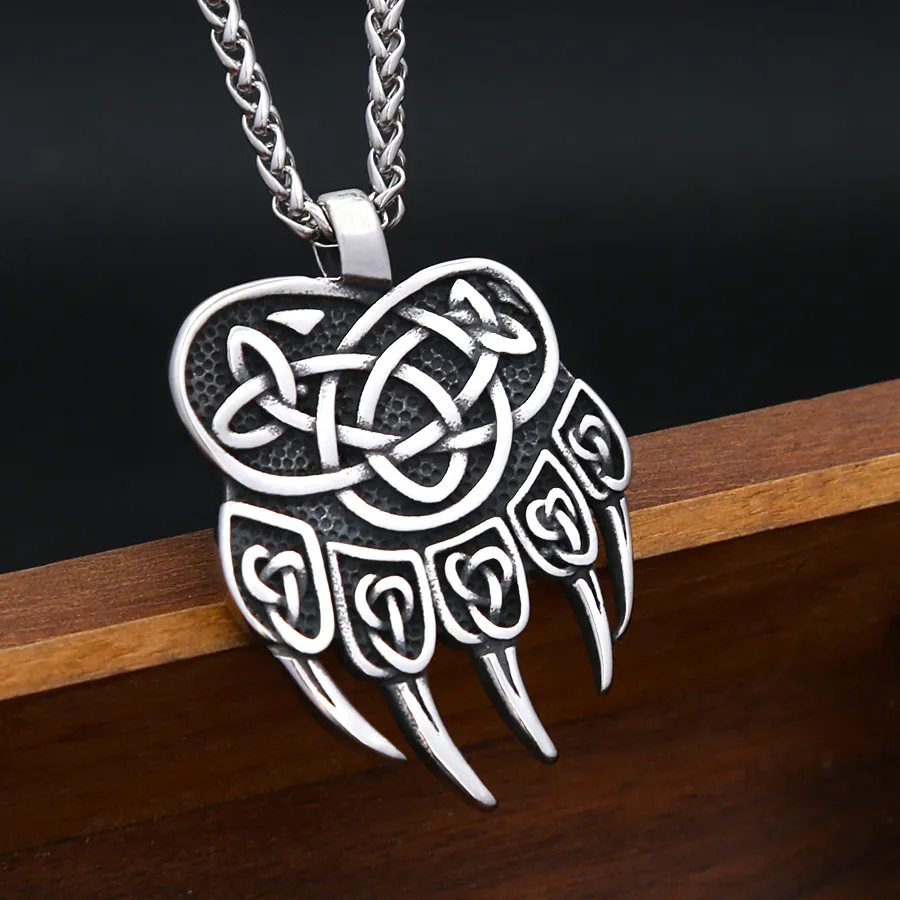 Authentic Viking Celtic Knot Wolf Paw Claw Pendant Necklace Norse Bear Paw Totem Jewelry Men Punk Casual Holiday
