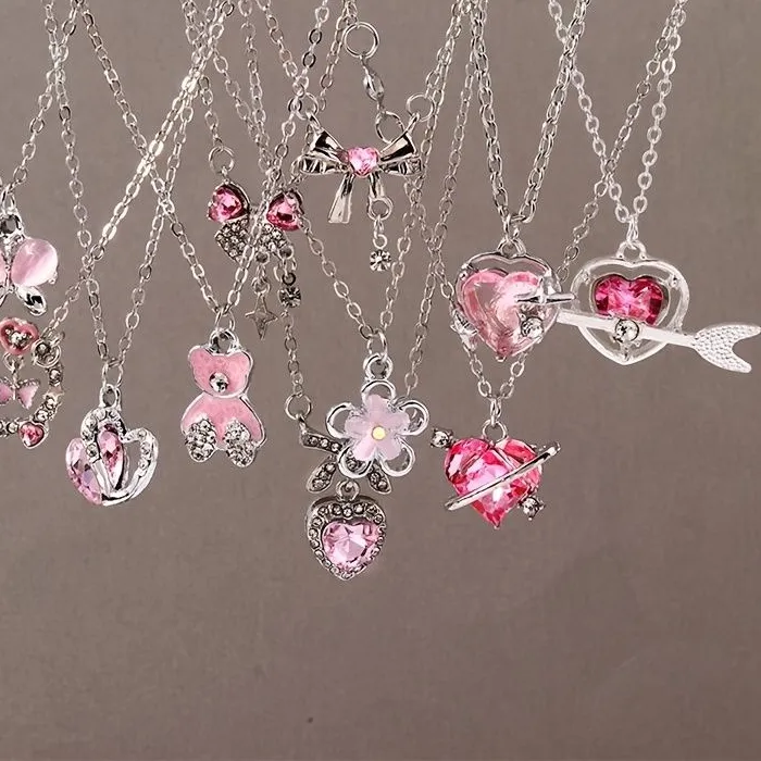 Authentic 12 pieces pink heart-shaped necklace set Y2K bow bear flower arrow crystal rhinestone pendant silver chain stacked girl's jewelr
