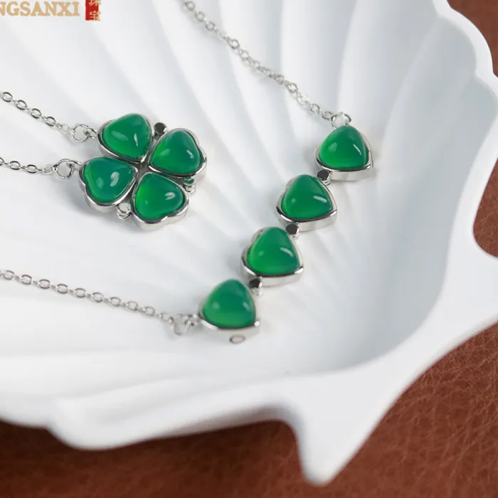 Authentic Natural Chalcedony Lucky Clover Pendant Fine Craft Imitation 925 Silver Four-leaf Clover Flower Elegant Necklace Women's Jewelry