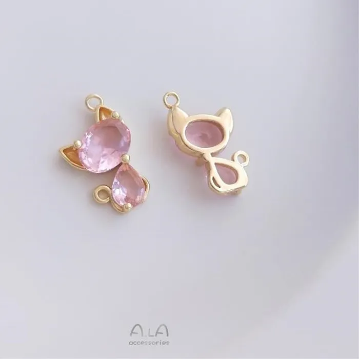 Authentic 14K Gold Bag Color-preserving Cat Pendant Can Be Double Hung Cute Cat Pendant DIY Bracelet Necklace Jewelry Pendant