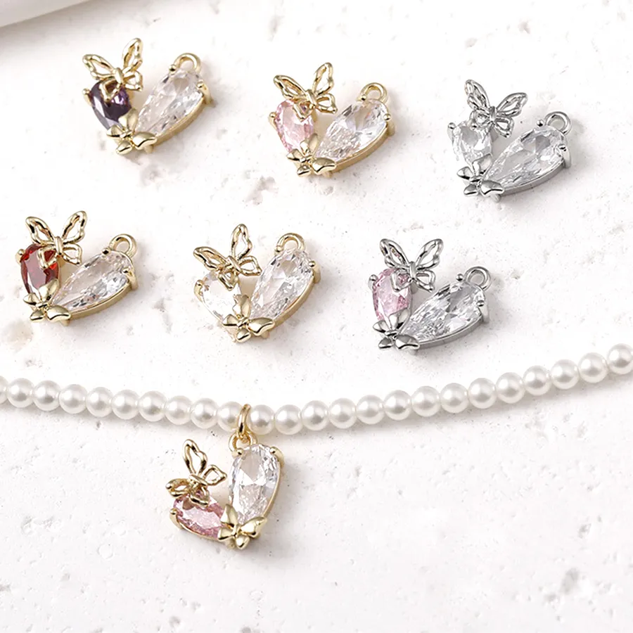 Authentic 2 Pieces Plated with Genuine Gold Inlaid Zircon Butterfly Heart-shaped Pendant DIY Jewelry Making Necklace Accessory