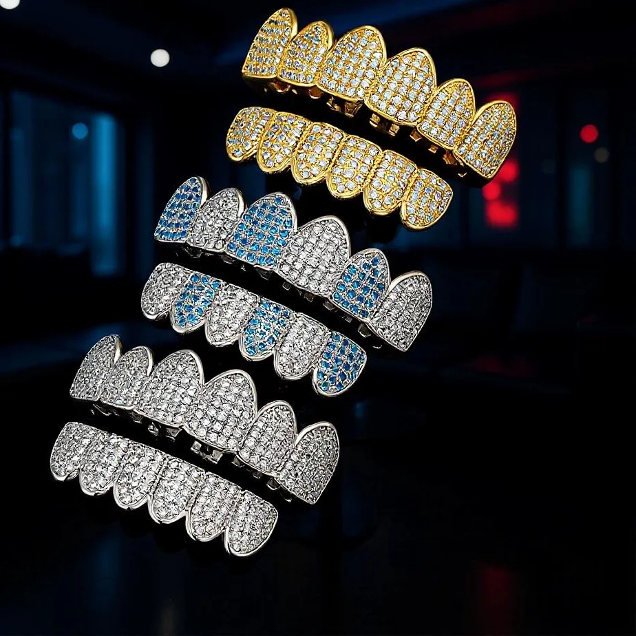Authentic TOPGRILLZ Iced Out 6 Top &6 Bottom Set Blue Color Zircon Teeth Grills Punk Tooth Caps For Women Men Mouth Jewelry Dental Grillz