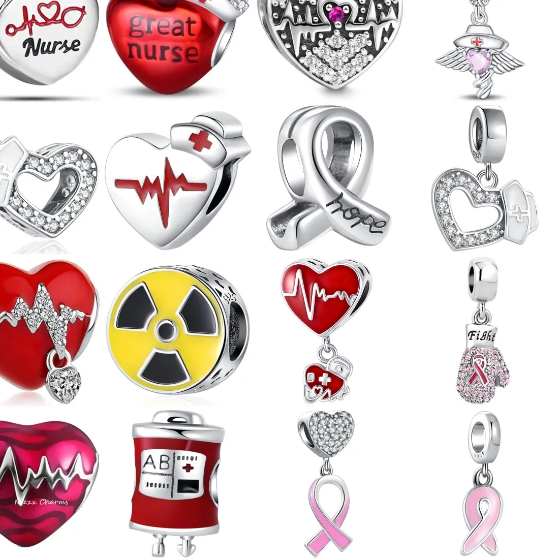 Authentic 925 Sterling Silver Nurse Medical Charms ECG Heart Blood Bottle Cancer Ribbon Hope Radiation Symbol Jewelry