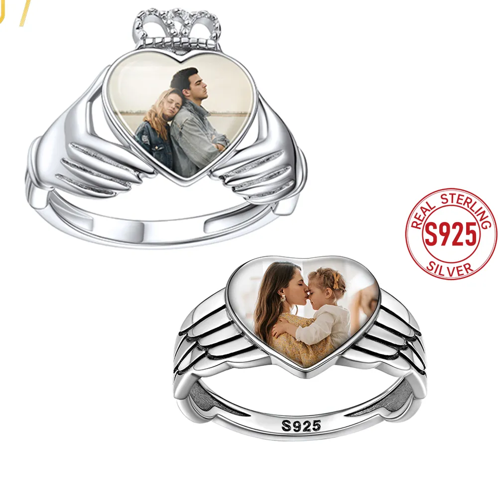 Authentic U7 Custom Photo Rings for Woman 925 Sterling Silver Claddagh Angel Wing Personalized Memorial Picture Silver Jewelry for Woman