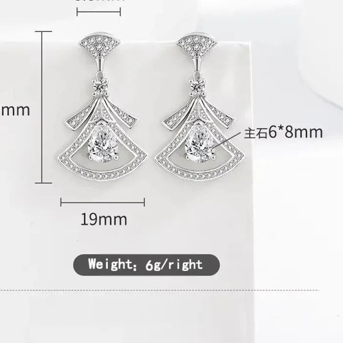 Authentic Exquisite Diamond-Set Fan-Shaped 925 Sterling Silver Earrings. Women's Geometric Zirconia Pierced Ear Stud Pendant Jewelry .