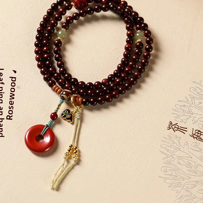 Authentic Lobular Red Sandalwood Round Beads Bracelet 108 Circles of Old Material Good Luck HandString Cinnabar Peace Buckle Amulet Rosary