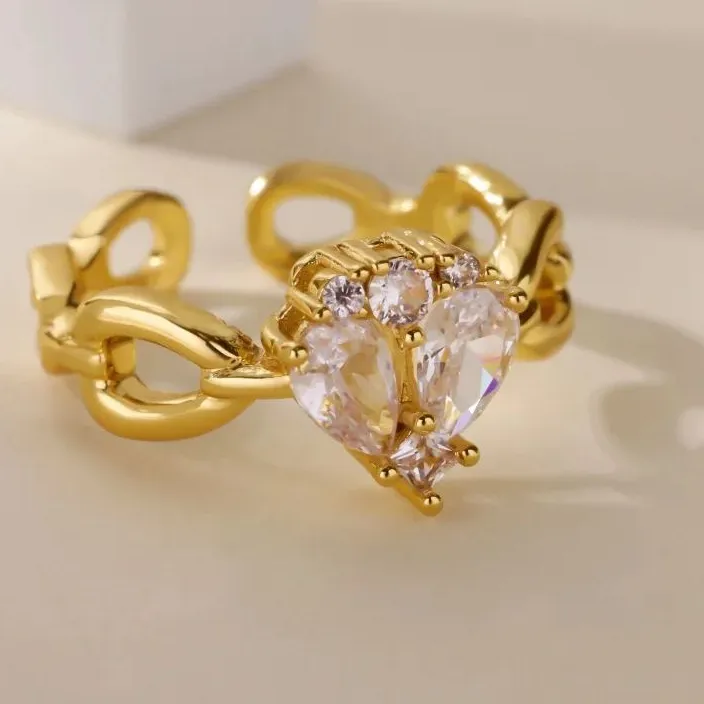 Authentic Luxury Zircon Water Drop Rings For Women 18K Gold Plated Crystal Heart Adjustable Ring Wedding Christmas Jewelry