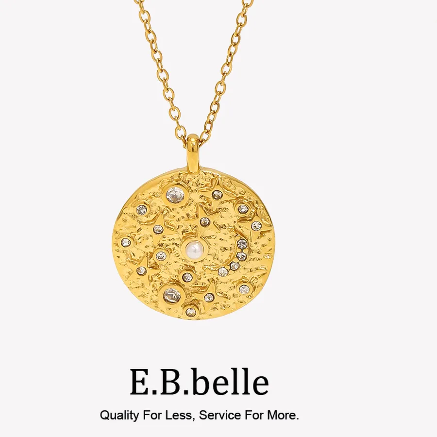 Authentic E.B.belle Design Elegant Pearl Crystal Moon Star Necklace Vintage Irregualr Surface Coin Necklace For Women