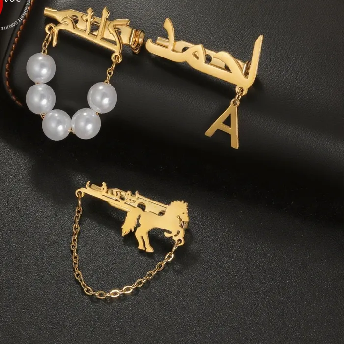 Authentic Goxijite Customized Arabic Name Brooch With Imitation Pearl Personalized Letter Brooch Banquet Jewelry