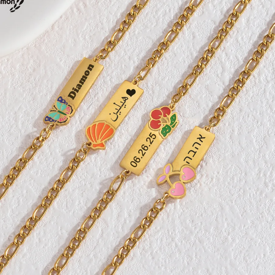 Authentic Diamon Personalized Bracelet ColorfulEnamel Cherry Engrave Name Date Arabic Hebrew Chain for Women Jewelry Gifts