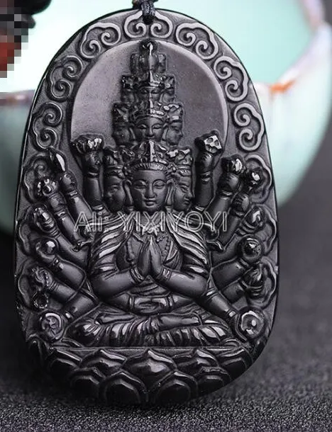 Authentic Natural Black Obsidian Handwork Chinese Buddhism Thousand-Hand guanYin Blessing Amulet Pendant + Beads Necklace Fine Jewelry