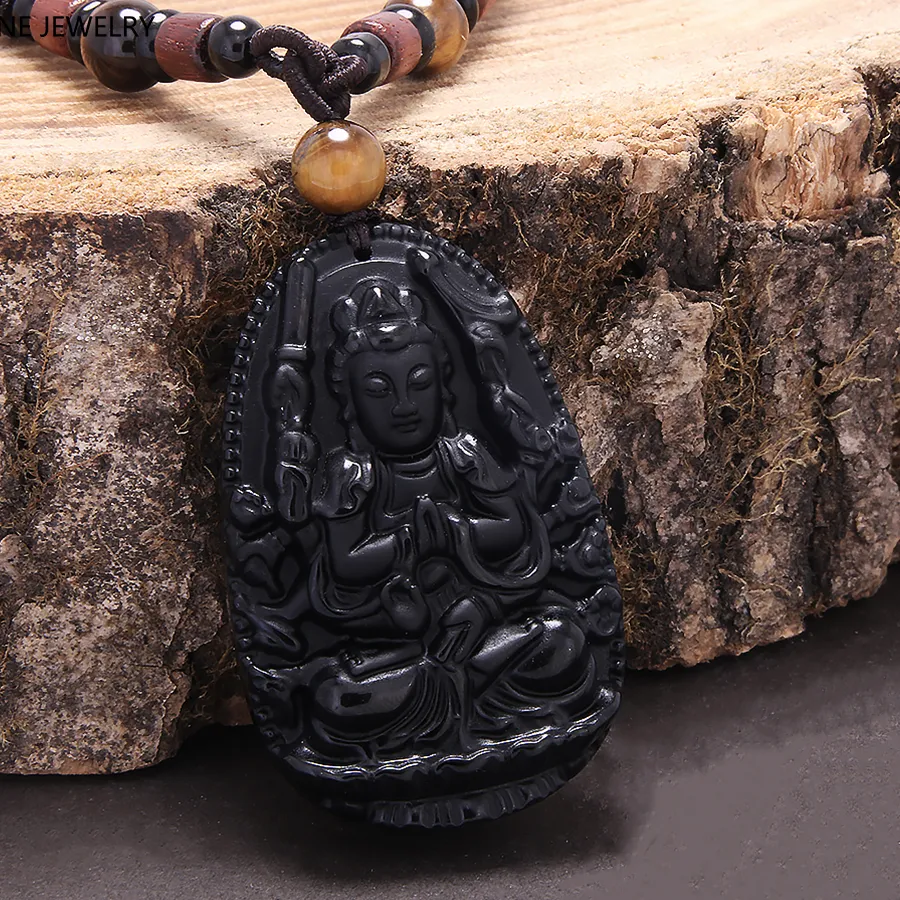 Authentic Natural Black Obsidian Pendant Necklace for Men Women Buddha Engraved Chinese Zodiac Talisman Brown Rope Buddhist Jewelry