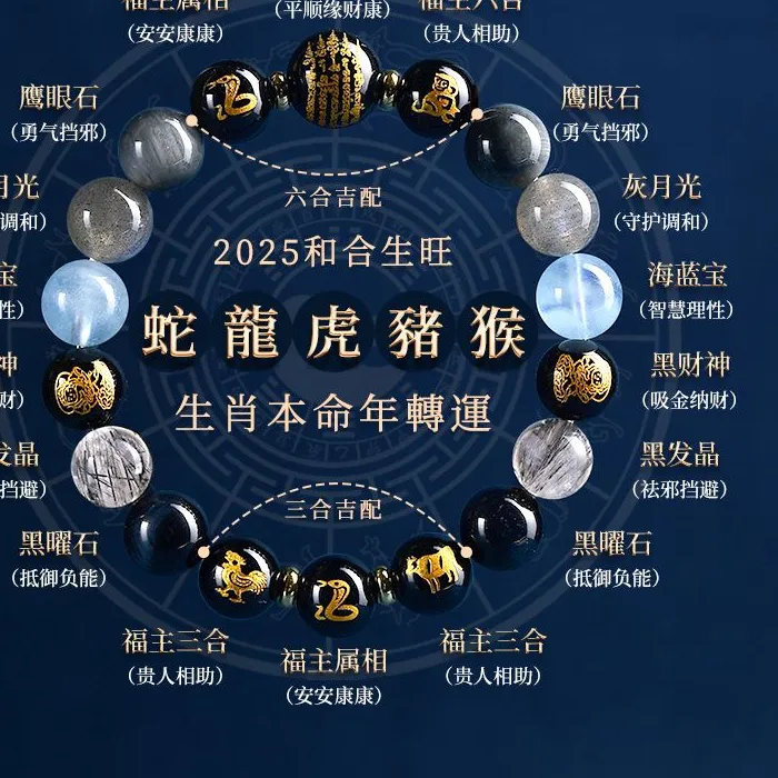 Authentic 12 Zodiac 2026 Year of The Horse Amulet Five Elements of Water Bracelet Natural Obsidian Lucky Guardian Bless Pray Hand String
