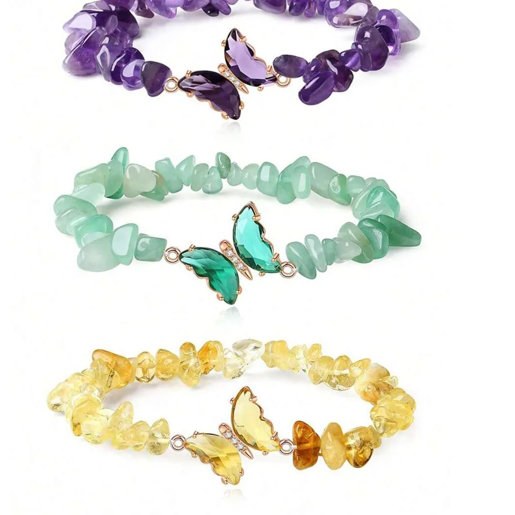 Authentic Butterfly Bracelets for Women Natural Stone Amethyst Citrine Green Aventurine Crystal Braclet Pulsera Jewelry