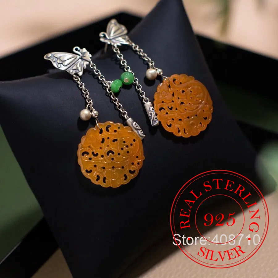 Authentic Celestial Butterfly Jade Talisman Earrings – 925 Silver Vintage Aura of Transformation