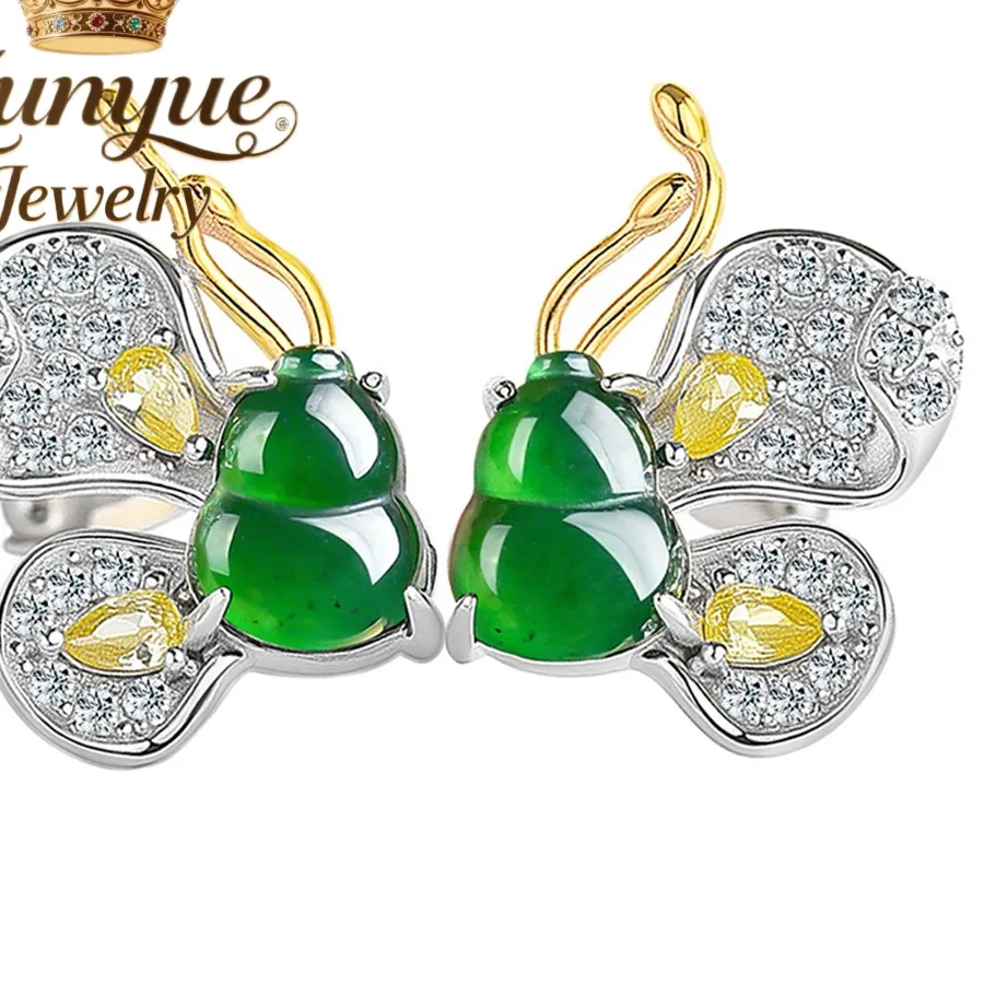 Authentic Ethereal Jade Butterfly and Gourd Talisman Studs - Celestial Prosperity and Transformation Amulets
