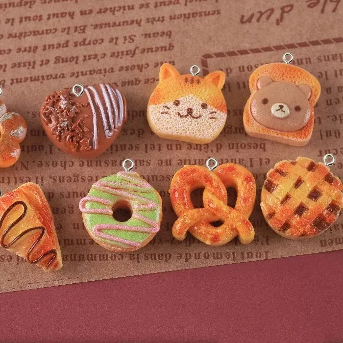 Authentic 10 Pieces Cute Fake Food Resin Pendants Toast Donut Bread Cake Charms Cat Bear Design Findings For Handmade Keychain Jewelry