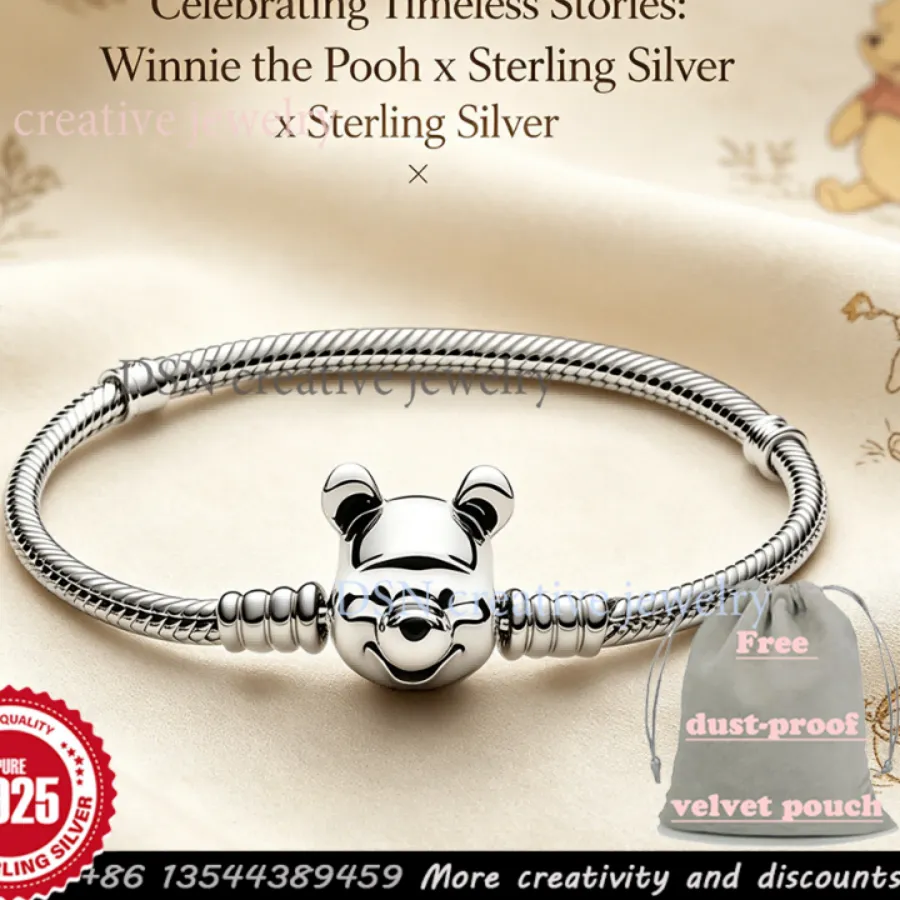 Authentic DSN Jewelry Winnie Bear Clasp Charm Bracelet S925 Sterling Silver Snake Chain For Women Designer Jewelry Luxury
