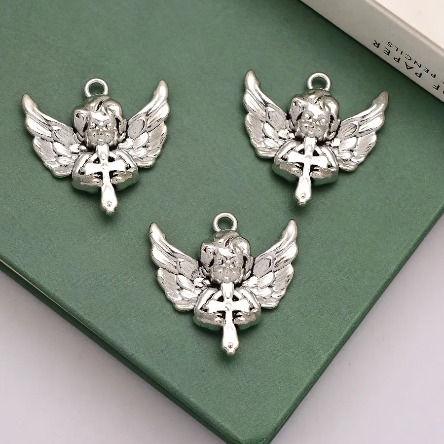 Authentic Celestial Wings of Divine Love - Antique Silver Cupid Cross Talisman Set