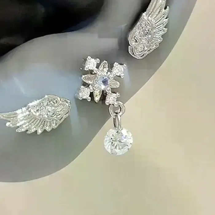 Authentic Angel Wing Stud Earrings 3Pcs Shiny Crystal Zircon Vintage Silver Color Luxury Jewelry for Women