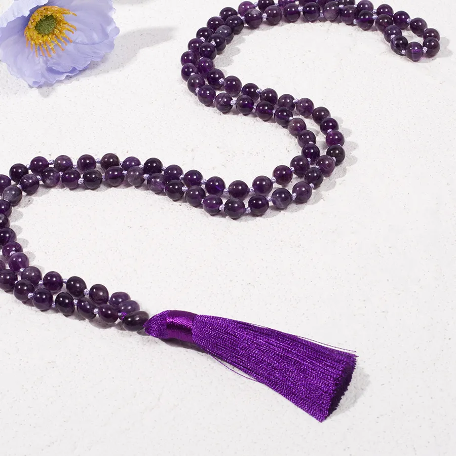 Authentic Amethyst Violet Flame 108 Bead Mala - Sacred Meditation Prayer Rosary