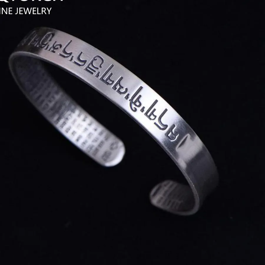 Authentic Sanskrit Six Words Bangles For Women And Men 999 Pure Silver Opening Cuff Bracelet Lovers Om Mani Padme Hum Buddhism Jewelry