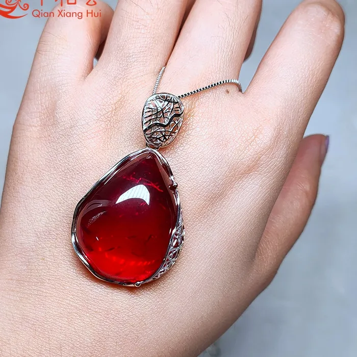 Authentic The Crimson Flame: 72ct Pear-Shape Lab-Grown Ruby & 925 Silver Pendant Talisman