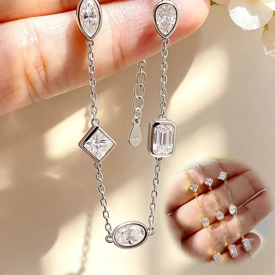 Oevas 0.5Ct Oval Pear Cut Full Moissanite Bracelets 15 5Cm S925 Silver Plated 18K Gold Wrist Chain Fine Jewelry