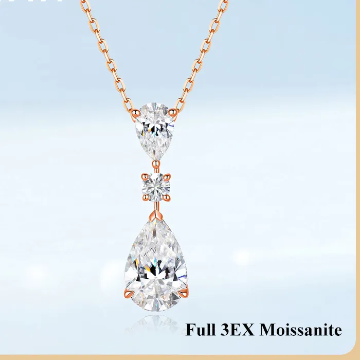 Authentic EWYA 3-Stone Pear Round Cut Moissanite Pendant Necklace for Women s925 Silver Certified Lab Diamond Dainty Party Neck Chain