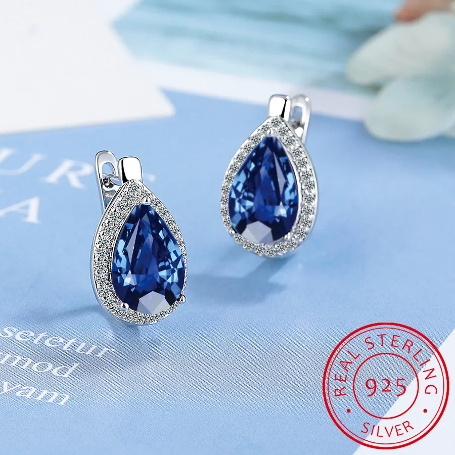 Authentic Enchanted Celestial Harmony: Pear Cut Blue Sapphire Hoop Earrings
