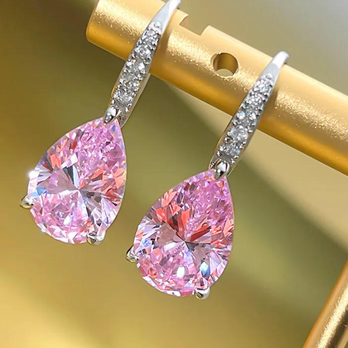 Authentic Huitan Pear Pink/Yellow Cubic Zirconia Drop Earrings for Women Silver Color Luxury Wedding Engagement Female Earrings Jewelry