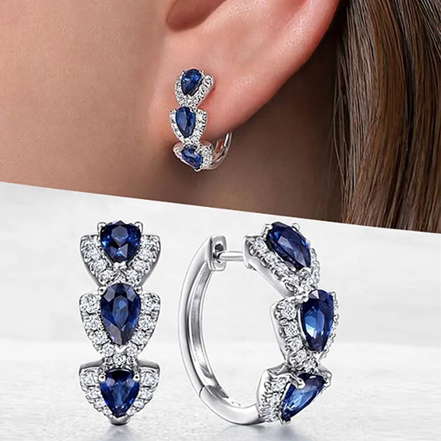 Authentic ZAKOL Pear Blue CZ Earrings for Women Silver Color Circle Hoop Temperament Female Ear Accessories Wedding Party Jewelry