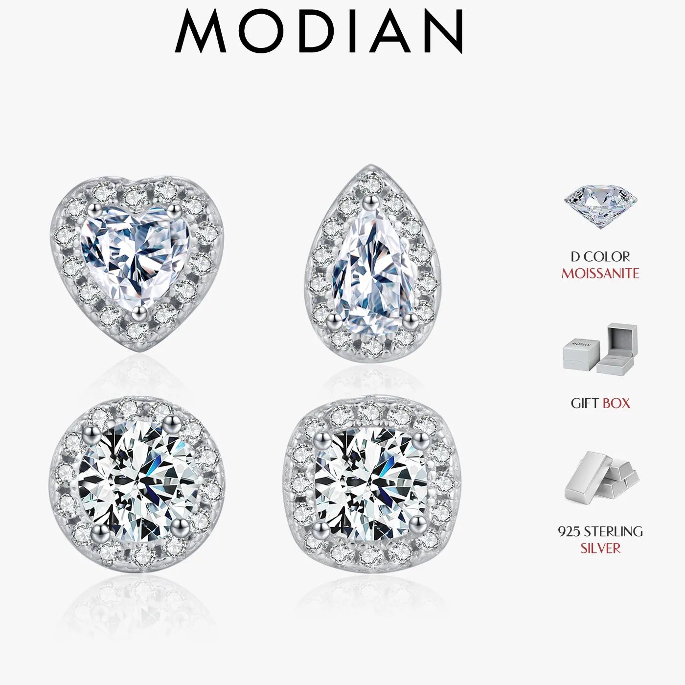 Authentic MODIAN D Color Heart Pear Square Moissanite Stud Earrings 925 Sterling Silver Lab Diamond Earrings For Women Wedding Jewelry