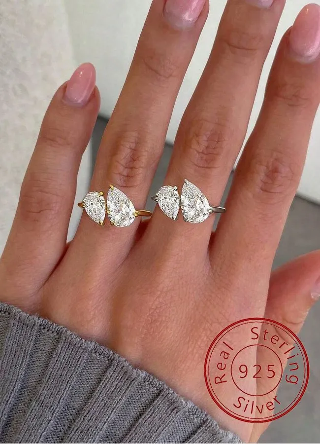 Authentic 925 Sterling Silver Sparkling Water Drop Interweaving Dazzling Clear Pear Rings For Women Wedding Fine Jewelry