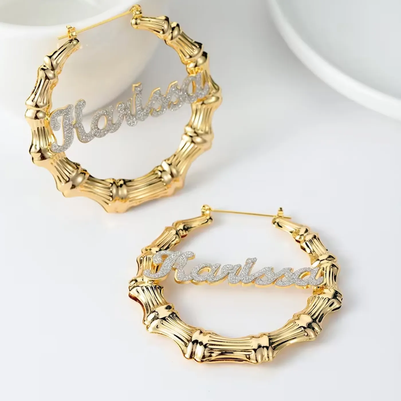 Authentic Qitian Personalise Bling Bamboo Hoop Name Earring Earrings Bamboo Style Custom Hiphop Name Jewelry For Her