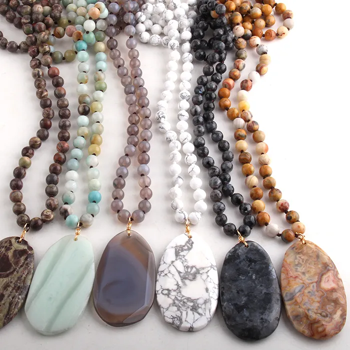 Authentic Jewelry Natural Beads Long Knotted Semi Precious Pendant Necklaces For Women Bead necklace