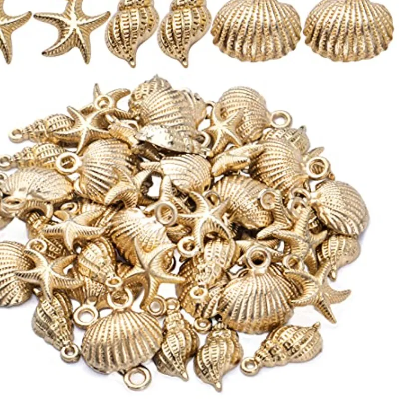 Authentic 60pcs Gold Plated Shell Starfish Conch Charms Ocean Theme Pendants Sea Animals Dangle Charms for DIY Earrings Necklace Br