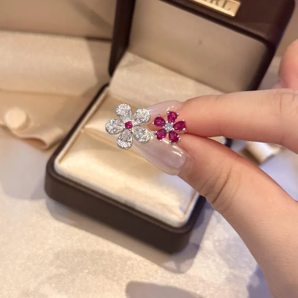 Authentic Floral Elegance: Red Diamond Blossom Ring for the Soul's Radiance