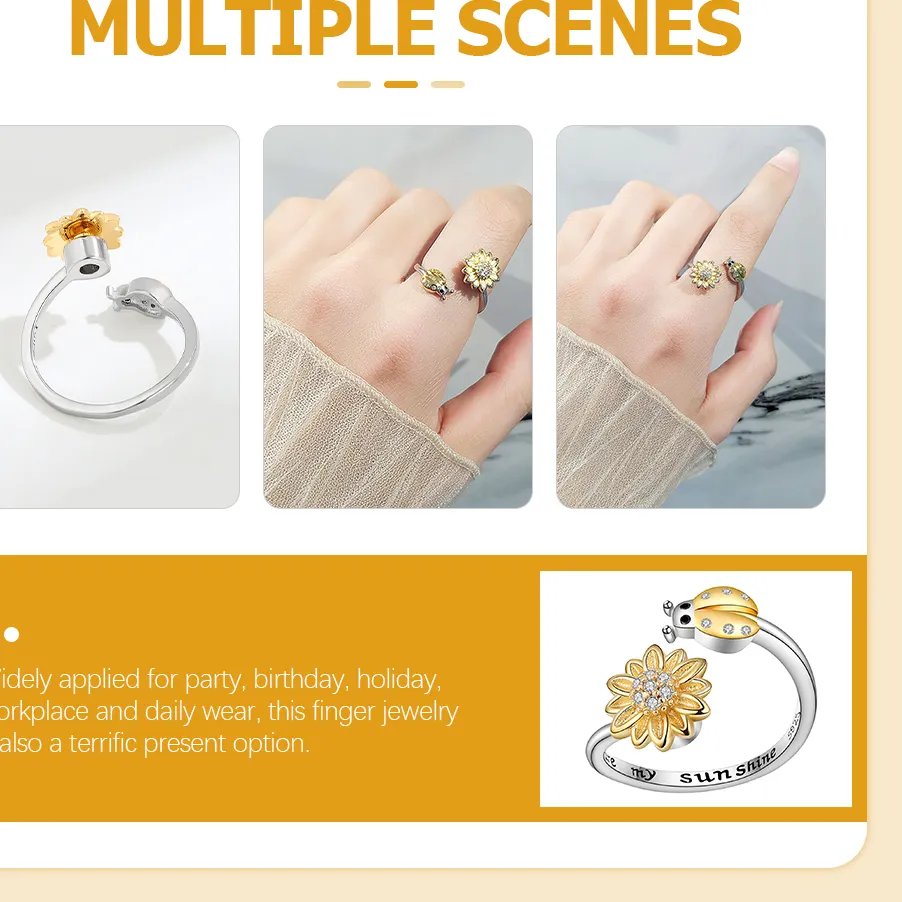 Authentic Sunflower Rings for Women Ladybug Adjustable Ring Sturdy Durable Fidget Jewelry Birthday Party Daily Wear Open Design