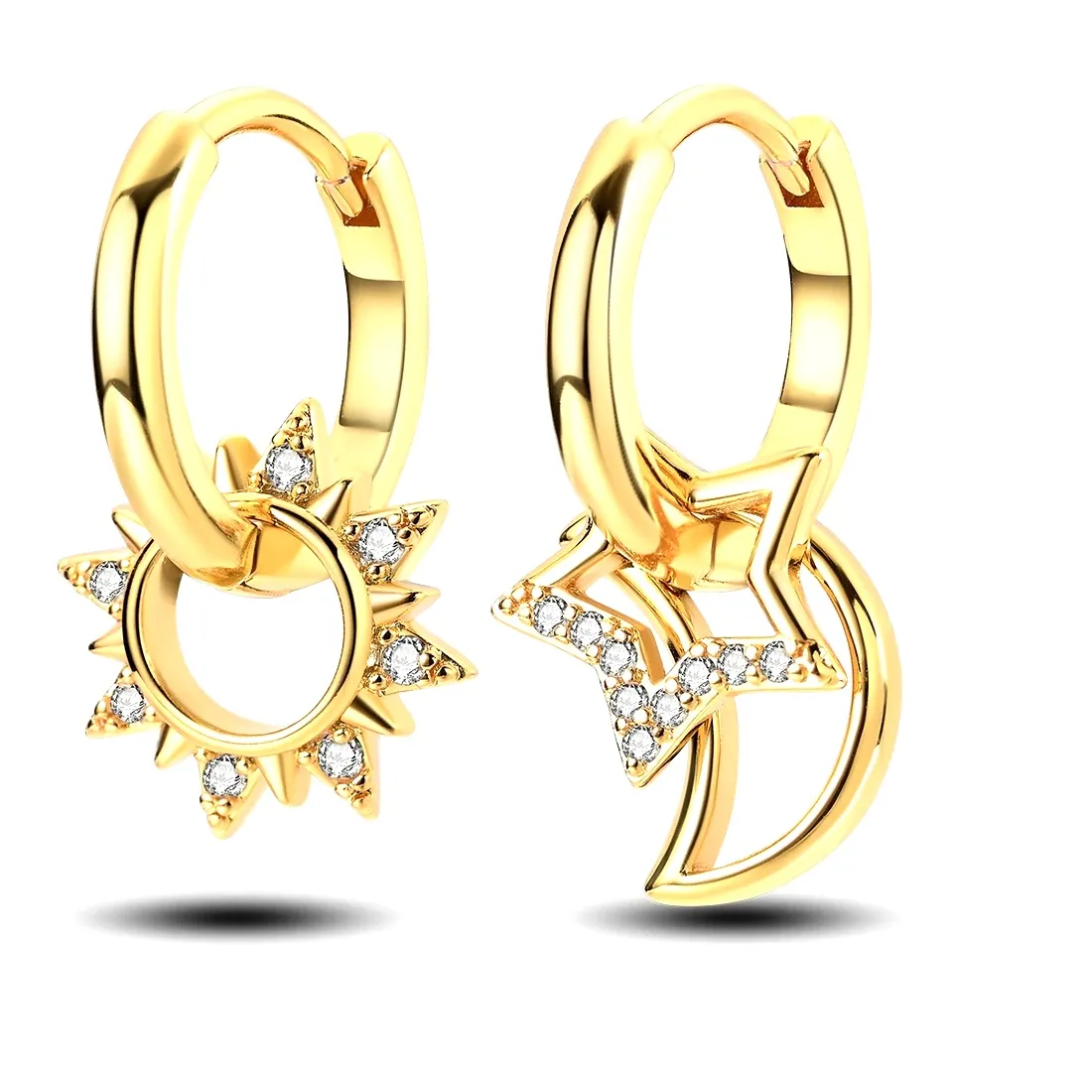 Authentic Minimalist 925 Silver Gold Plated Circle Hoops, Inlaid Heart Star Moon Zircon Pendientes Elegant All-Match Jewelry for Ladies Office Casual Wear