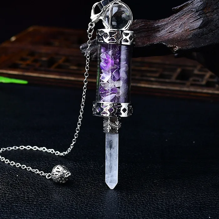Authentic 7 Chakras Pendulums Divination Dowsing Glass Wishing Bottle Natural Stone Pendant Hexagonal Clear Quartz Pendulum Pendulos X247
